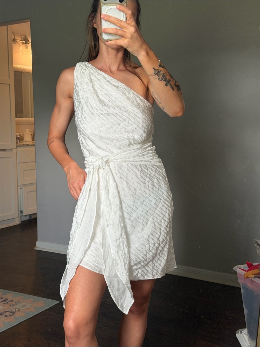 Amanda Uprichard White One-Shoulder Tie-Waist Dress